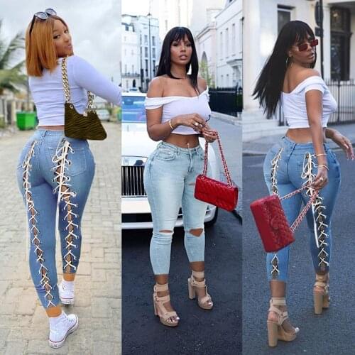 Blue Ripped Skinny Jeans Women Summer Sexy Back Hollow Out Lace Up High Waisted Jeans Woman Fashion Bandage Denim Pencil Pants