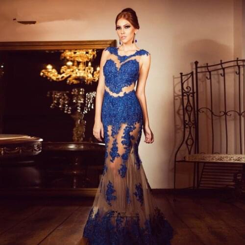 Blue Appliques Sequin Evening Dresses Tulle See Through Frount Mermaid Sleeveless Formal Party Gowns Robe De Soiree