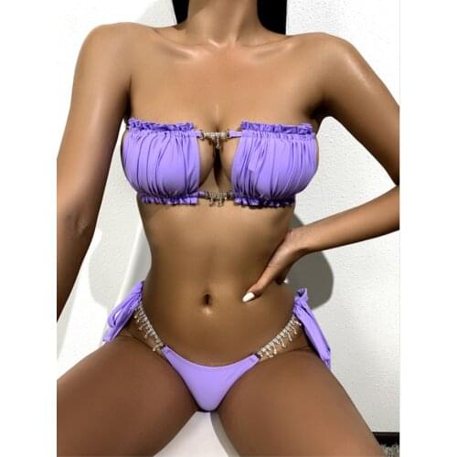Sexy Rhinestone Bikini 2 pieces sets jeweled bikini pleated bra and lace up bow panty bikini set swimsuits bandeau bikinis