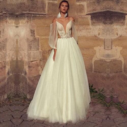 Boho Wedding Dress O-Neck Appliques Pleats A-Line Puff Sleeves Polka Dots Tulle Ivory Princess Bohemian Bridal Gowns