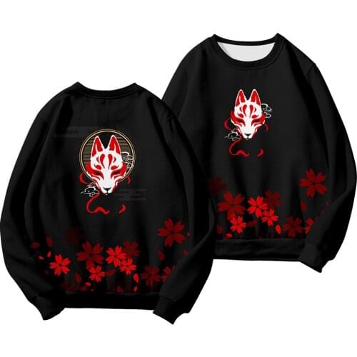 Men Hip Hop Black Fox Print Round Neck Streetwear Harajuku Pullover Spring Autumn Black Long Sleeve Sweatshirt