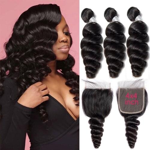 Loose Curly Bundles with Closure Loose Wave Human Hair Bundles HD Lace Closure with Bundles Brazilian 9A Human Hair Extensions