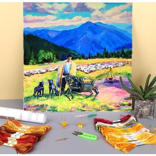 Landscape Shepherd Printed Fabric 11CT Cross Stitch Patterns Embroidery DMC Threads Painting Handiwork Craft Sewing Needle