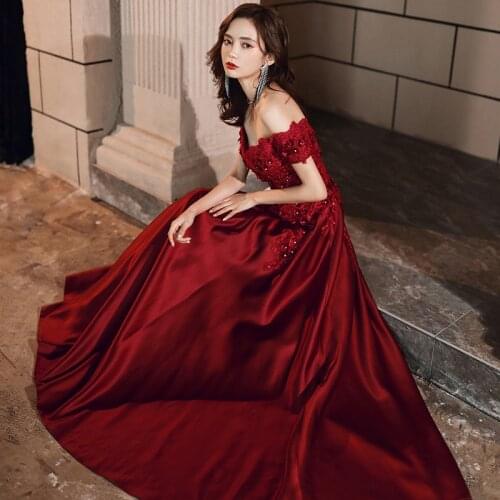 Vintage burgundy Bride Wedding Qipao Exquisite Sequins Bling Cheongsam Toast Clothing Off Shoulder Long Evening Dress