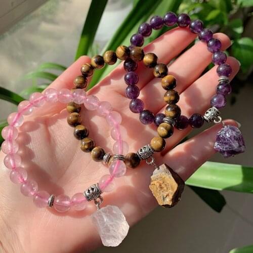 Reiki Healing Rock Mineral Stone Charm Beaded Natural Amethysts Tiger Eye Purple Pink Quartz Crystal Bracelets for Women Friends