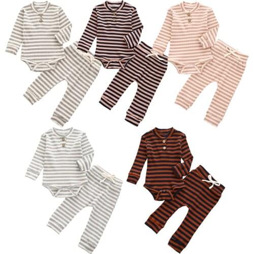Wallarenear 0-24M Newborn Toddler Baby Boy Girl Autumn Clothing Set Long Sleeve Striped Printed Romper Top Pants 2Pcs 6Styles