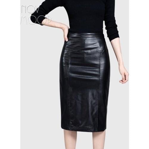 Novmoop office lady high waist black purple sheepskin genuine leather long hip skirt faldas largas mujer jupe longue LT2858