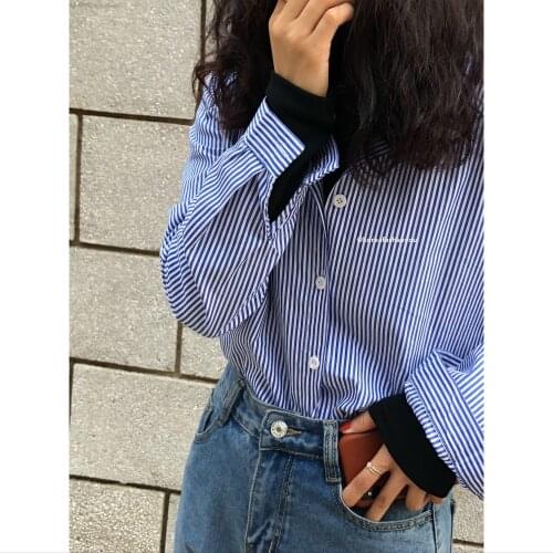 Women Blouse Spring Summer Thin Striped Loose Polo Collar Shirt Womens, Blue Striped Shirt Top for Women Blusas Ropa De Mujer