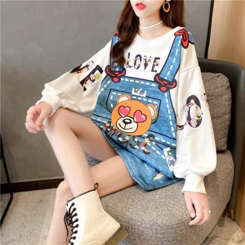 Za 2020 Harajuku Womens Autumn Winter Mid-length Long-sleeved Loose Round Neck Color-block Shirt Women Cartoon Hoodies Women