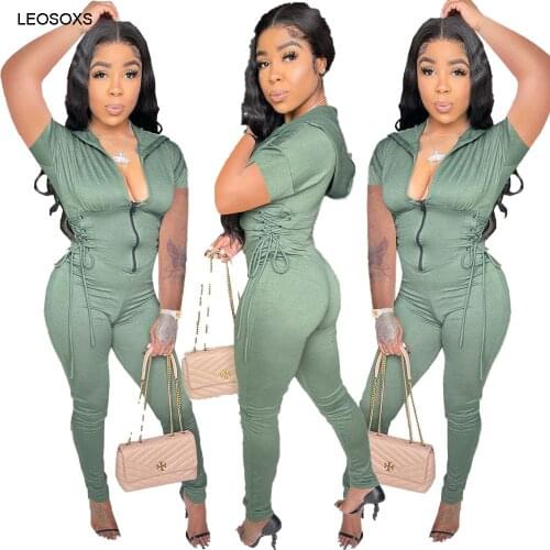 Womens fashion Solid color double waist tied rope hooded Jumpsuit Zipper short sleeve Rompers Sportswear