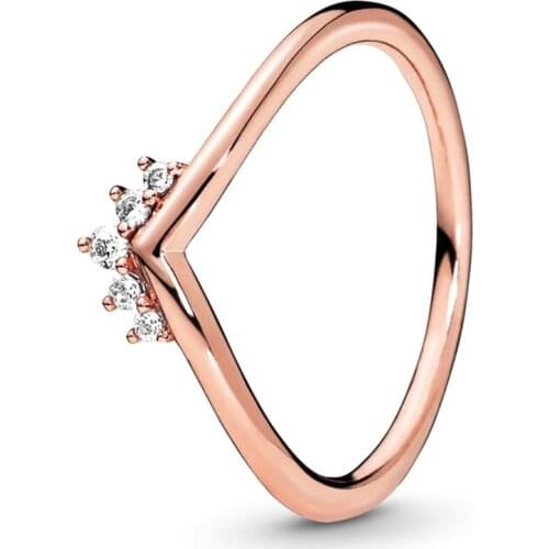 2019 New 100% 925 Sterling Silver Rose Gold Tiara Wishbone Ring Original Fashion Womens Gift Holiday Jewelry Set Factory Sales