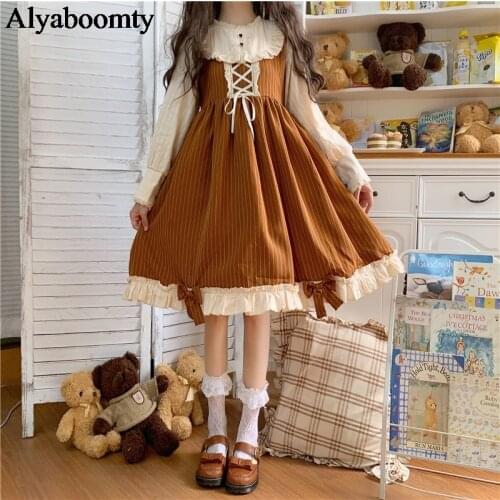 Japanese Lolita Style Women Princess Dress Ruffled Collar Patchwork Stripe Bandage Bow Dress Cute Kawaii Ruffles Christmas Dress