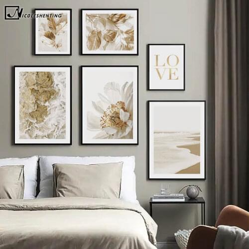 Golden Leaf Plant Beach Sea Sunset Canvas Poster Luxury Style Print Flower Nature Landscape Wall Art Painting Artwork Picture