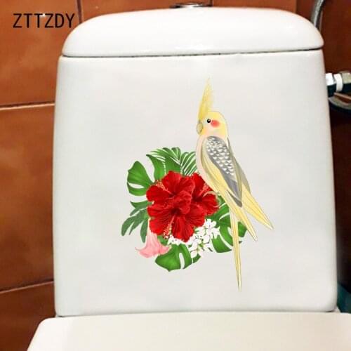 ZTTZDY 17.4CM×24.7CM Hibiscus Flower Toilet WC Decoration Cartoon Parrot Home Room Wall Stickers T2-0798