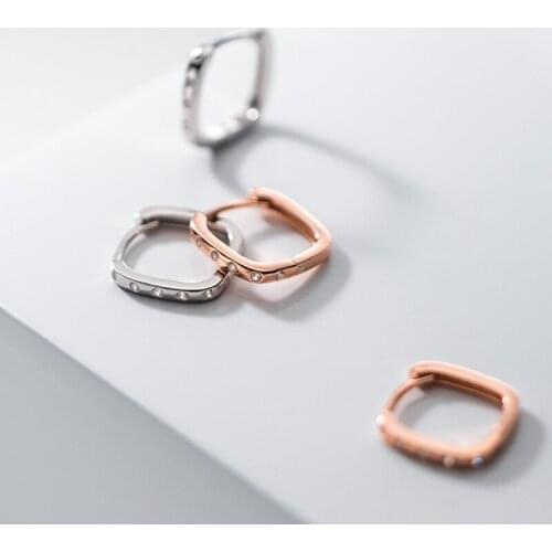 14mm Real. 925 Sterling Silver Fine jewelry White/ Gold Crystal Square ear hoop huggie earrings Piercing C-G8468