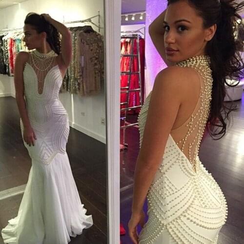 2020 Mermaid High Collar Pearls White Sexy Long Prom Gown Women Formal Dress Mother of the Bride Dresses L439
