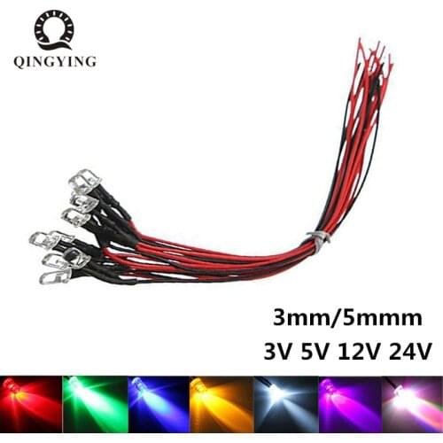 50pcs 3V 5V 12V 24V DC 3mm 5mm Water Clear LED Diodes Red/Green/Blue/Yellow/UV/Orange/Pink/Warm/White/RGB Pre-Wired 20cm Cable