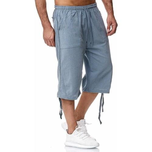 Mens Summer New Fashion Pants Solid Color Elastic Waist Pockets Breathable Cropped Casual Loose Fitness Running Sports Trousers