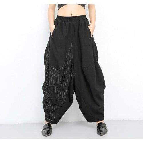 2020 Autumn Winter Elastic Waist Striped Patchwork Harem Pants Women Casual Loose Cotton Linen Wide Leg Pants Trousers