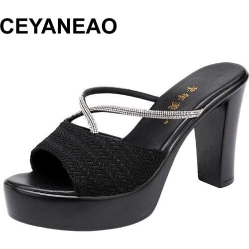 CEYANEAO10cm Block Heel Small Plus Size 32-43Platform Slippers Women SHoes Summer 2021 Crystal OL High Heels Slides Office Party