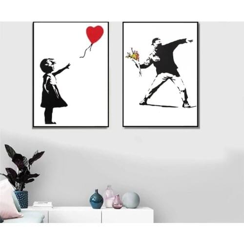 Banksy Graffiti Art Canvas Painting Girl With Red Balloon Painting Black And White Wall Art Poster Nordic Living Room Home Decor