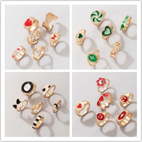 6pcs Y2K Vintage Golden Love Heart Drip Ring Set For Women Fashion Glossy Dripping Resin Butterfly Snake Rings Jewelry Wholesale