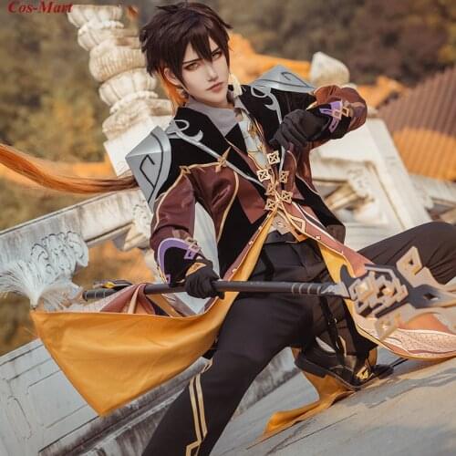New Style Hot Game Genshin Impact Zhongli Cosplay Costume Fashion Brown Combat Uniform Halloween Party Role Play Clothing S-XL