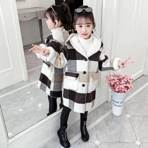 2019 Autumn Winter Kids Warm Jackets Girls Windproof Hoodie Girls Coats Plaid Style Long Outerwear 4 5 6 8 10 12 13 Girl Wear