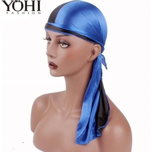 2018 New Hot sale Satin men Stretched Cap Mens double color Satin Turban Wigs Silky Durag Headwear Headband Pirate Hat