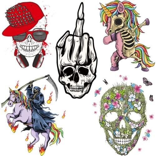 Prajna Hippie Skull Iron On Transfers For Clothes Punk Heat Transfer Vinyl Ironing Grim Reaper Stickers DIY Appliques A Level