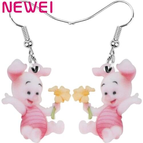 NEWEI Acrylic Cartoon Anime Pig Piggy Earrings Drop Dangle Jewelry For Women Girls Teens Kids Charm Decoration Gift Accessories