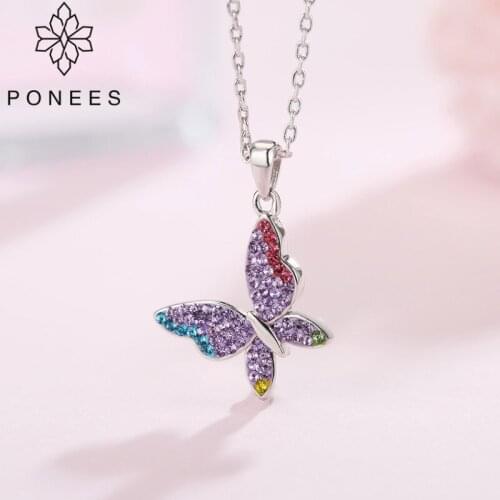 PONEES Drop Shipping Pave Crystals Colorful Jewelry Butterfly Pendant Necklace For Women Girls Little Animal Necklace Pendants