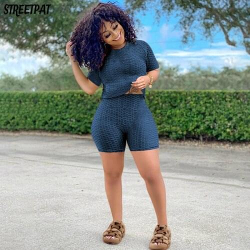 Casual Solid Tracksuit 2 Piece Sets Womens Outfits Grid Elastic T-Shirts + Biker Shorts Fitness Sport Plus Size Sets Summer 2021