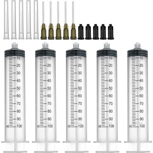 5 Pcs 100ml Syringes with 14G 1.0'' Blunt Tip Needles and Storage Caps(Luer Lock), Glue Applicator Oil Dispensing Multiple Usage