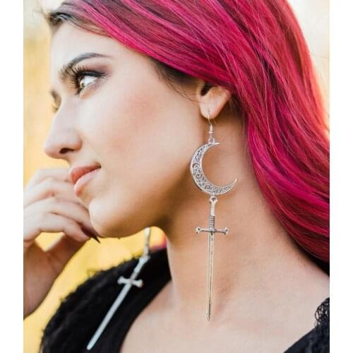 Vintage Hand Sword Crescent Moon Earring Gothic Wiccan Jewelry