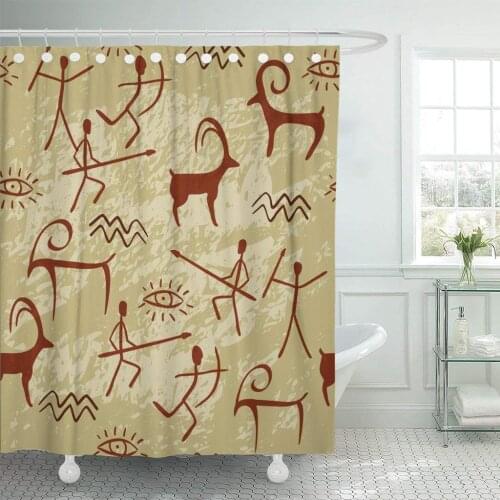 Tan Pattern Cave Painting Brown Indian Western Hand Snake Shower Curtain Waterproof Polyester Fabric 60 x 72 Inches Set