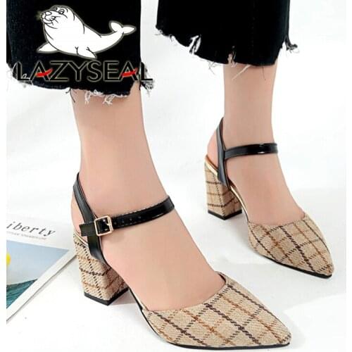 LazySeal 2021 Super Big Size 50 Pointed Toe Pumps Women 8cm Square High Heel Shoes New Casual Ladies Wedding Party Shoes