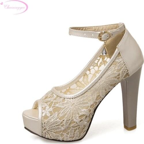 Chainingyee ethnic sexy nightclub peep toe pumps fashion transparent diamond belt buckle thick high heel women shoes big size