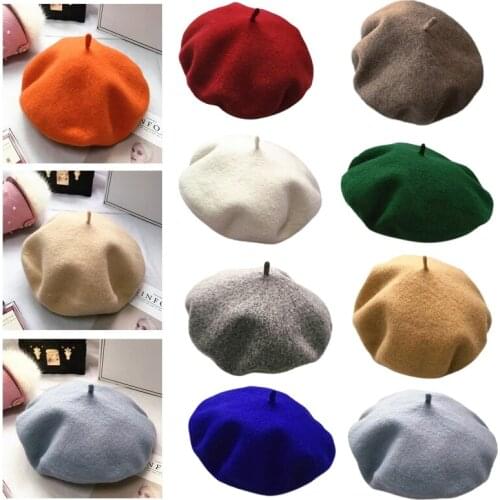 Women Winter Warm Faux Wool Elastic Beret Hat Simple Solid Color Retro Classic French Artist Painter Elegant Beanie Cap