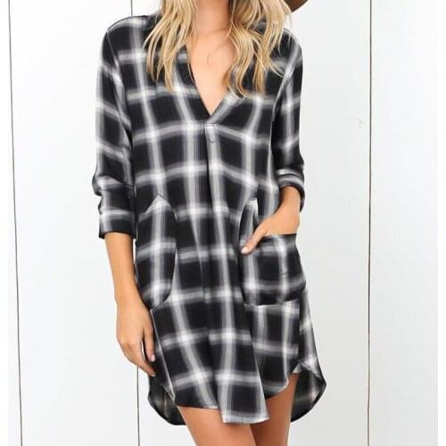 Women Plaid Mini Shirt Dress Sexy Loose Boho Dress Oversized Femme V Neck Long Sleeve Dress Pockets Beach Party Dresses