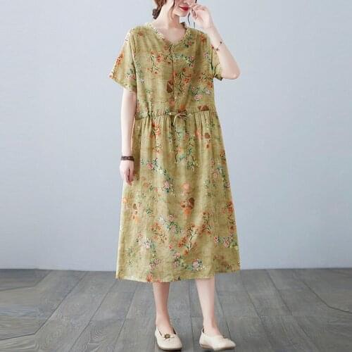 Women Summer Loose Caual Dress New Arrival 2021 Vintage Style V-neck Floral Print Ladies Cotton Linen A-line Long Dresses B447