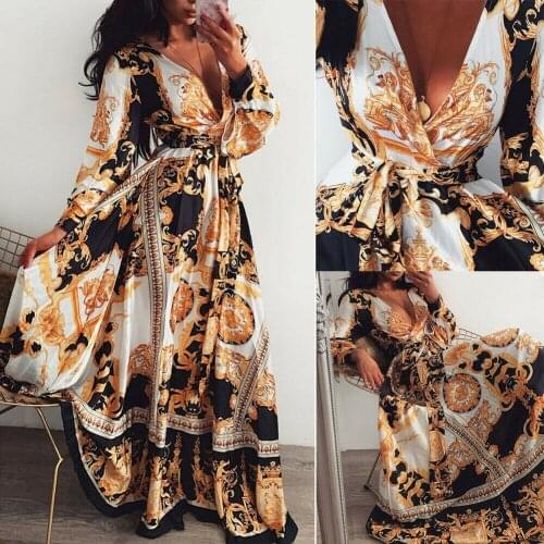 Women Sexy Floral Print Long Party Dress Retro Boho Vintage Dress for Women Sexy V-neck Long Maxi Dresses Vestidos