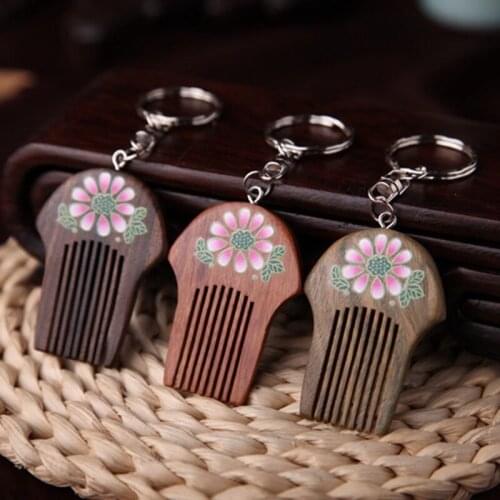 1PCS chinese style colored flower unique small wood comb wood keychain key holder amazing keyring