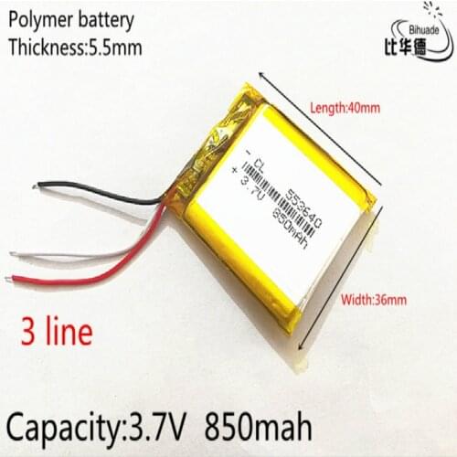 3 line 3.7V 850mAh 553640 Lithium Polymer Li-Po li ion Rechargeable Battery cells For Mp3 MP4 MP5 GPS mobile bluetooth
