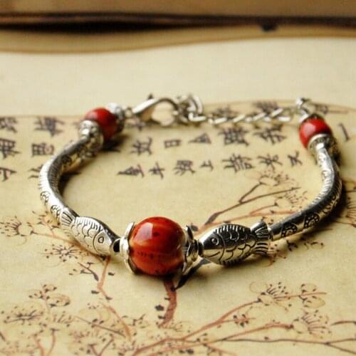 Bronze Fish Strand Bracelet Ceramic Beads Silver Color Flower Charm Bracelets Jewelry Adjustable Cuff Bangle Women Men Wristband