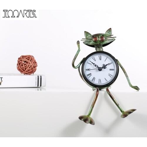 Tooarts Cat Clock Handmade Vintage Metal Iron Cat Figurine Mute Table Clock Practical Clock One AA Battery Home Decoration