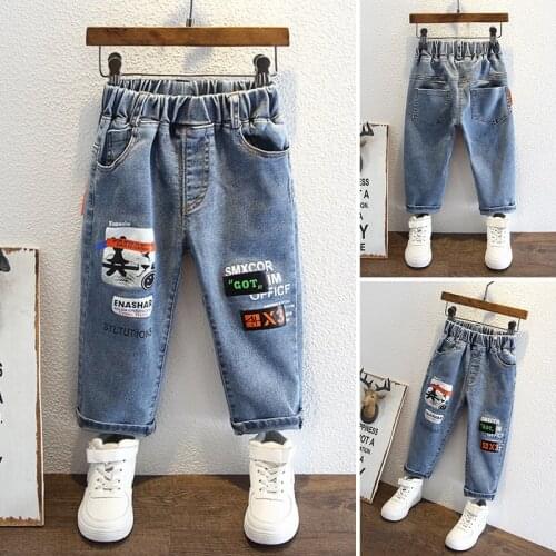Childrens Fashion New Jeans 2021 Autumn Kids Boy Korean Letter Print Denim Pants Elastic Waist Casual Loose Jeans For Boy 2-8 Y