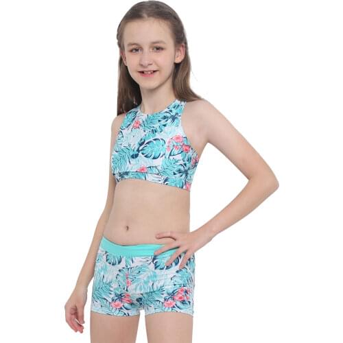 Kids Girls Two Pieces Swimsuit Swimwear Sleeveless Crisscross Back Printed Top with Boyshorts Bottoms Swimming Suit Beachwear