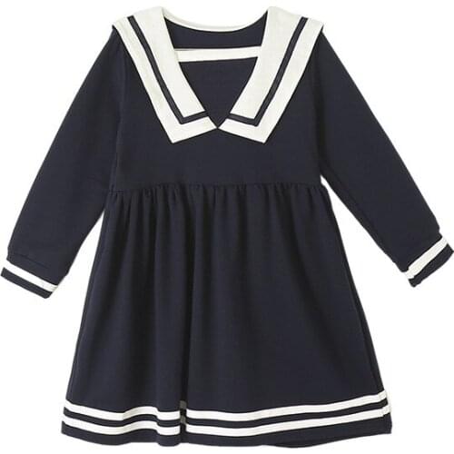 School Style Long Sleeve Dress Age For 4 - 14 Years Teenage Girls Navy Collar Dress 2021 New Arrival Fall Winter Children Frocks