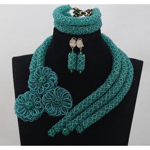 Fantastic Teal Green Wedding African Beads Jewelry Sets Flower Beads Crystal Necklace Earrings Bracelet Set Free Shipping WD643